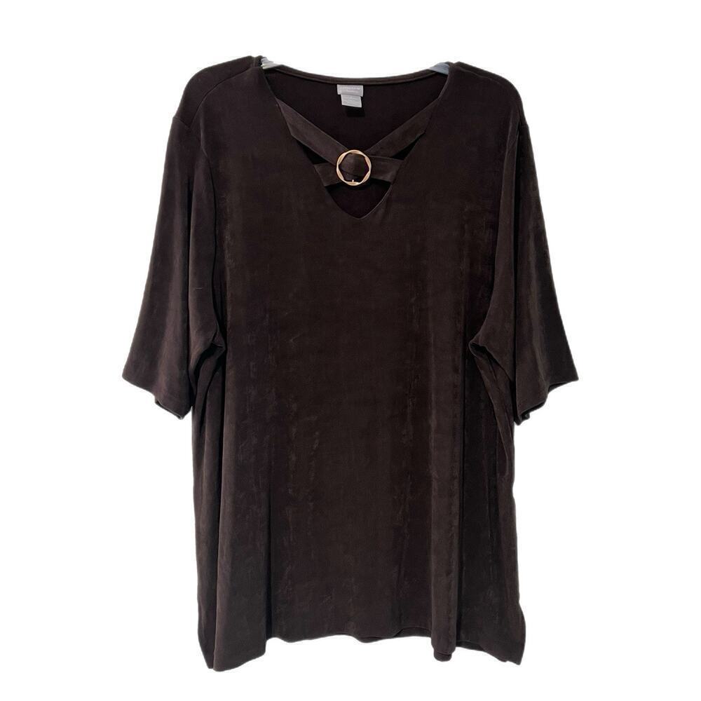 Chicos Travelers Womens Gold Ring Tunic Top Size 4 US 20/22 Brown Slinky Stretch